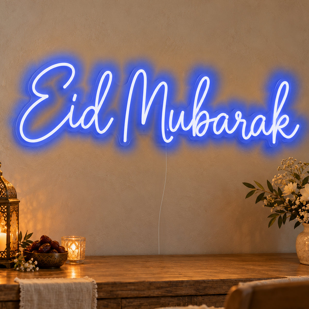 Eid Mubarak Neon Sign in blue LED neon on clear acrylic, angled view