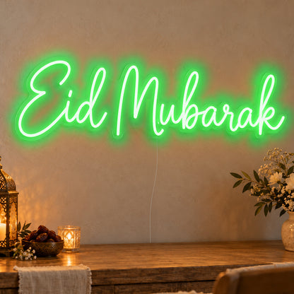 Eid Mubarak Neon Sign in green LED neon on clear acrylic, angled view