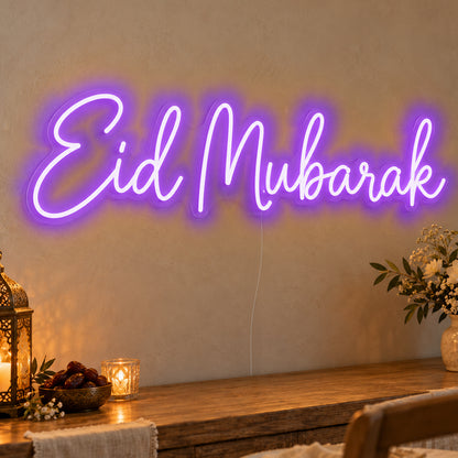 Eid Mubarak Neon Sign in purple LED neon on clear acrylic, angled view