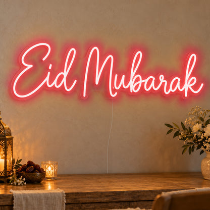 Eid Mubarak Neon Sign in red LED neon on clear acrylic, angled view