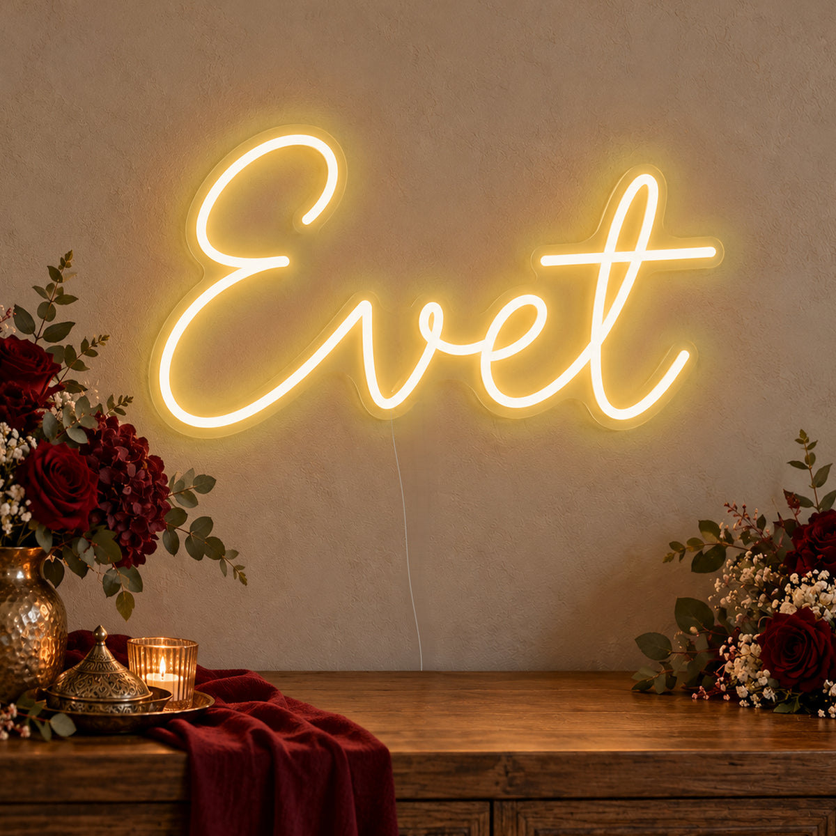 Evet Neon Sign in gold LED neon on clear acrylic, angled view