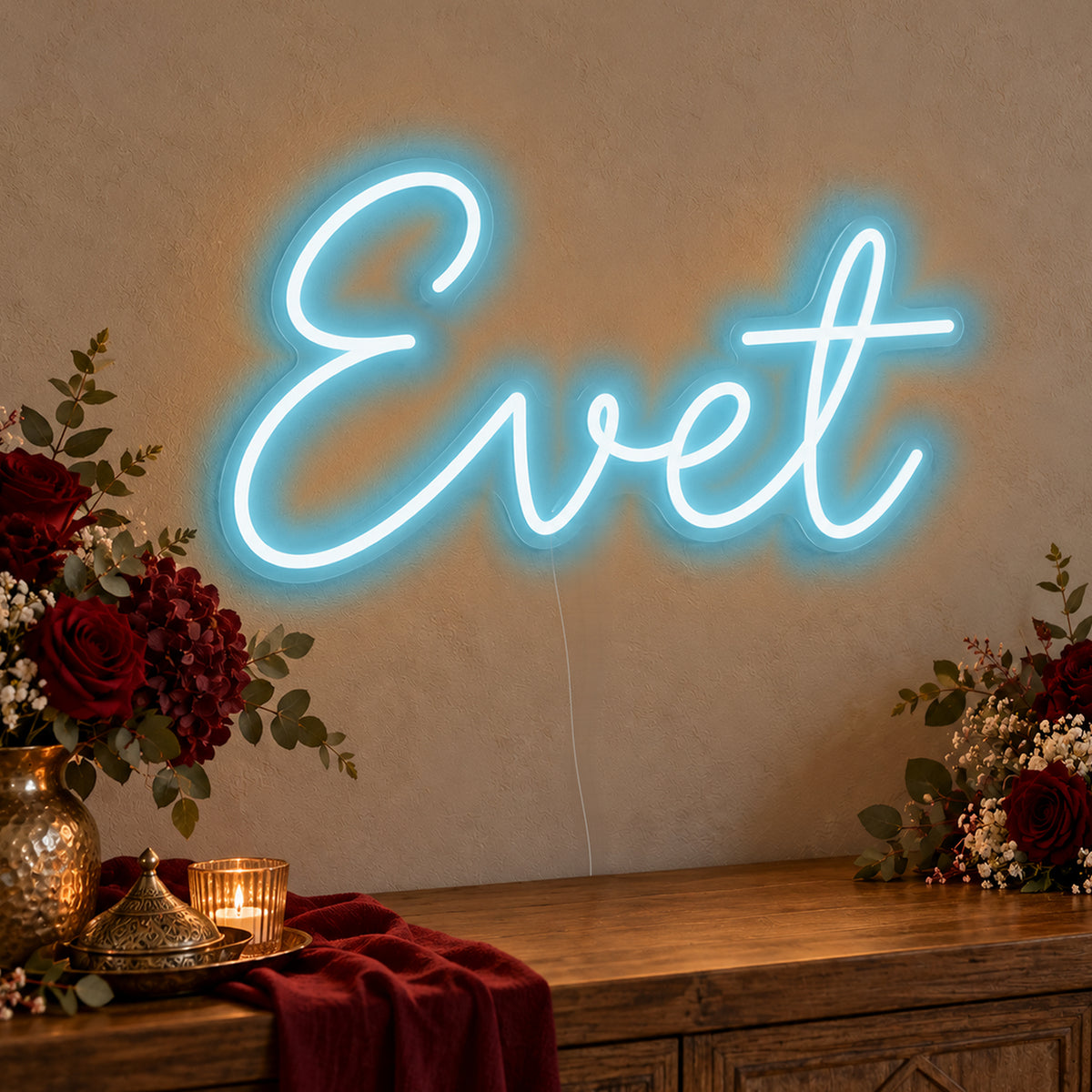 Evet Neon Sign in ice blue LED neon on clear acrylic, angled view