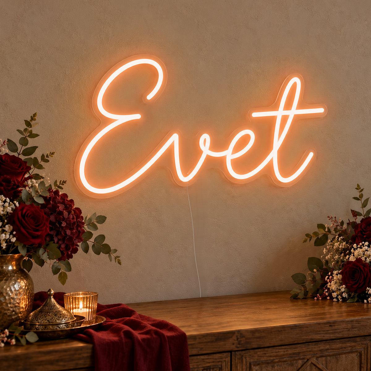 Evet Neon Sign in orange LED neon on clear acrylic, angled view