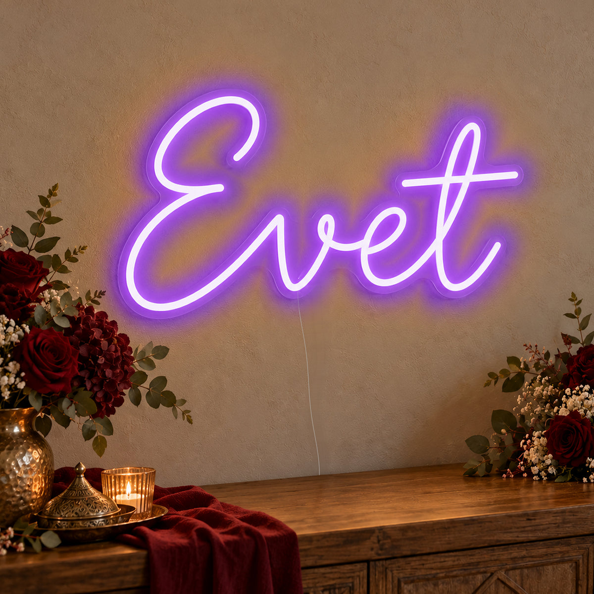 Evet Neon Sign in purple LED neon on clear acrylic, angled view