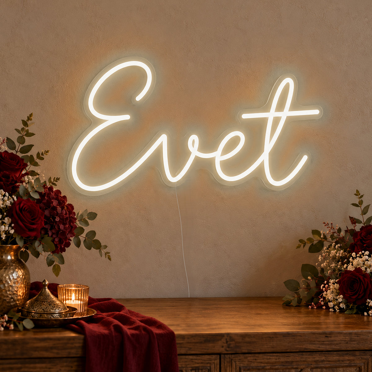 Evet Neon Sign in warm white LED neon on clear acrylic, angled view