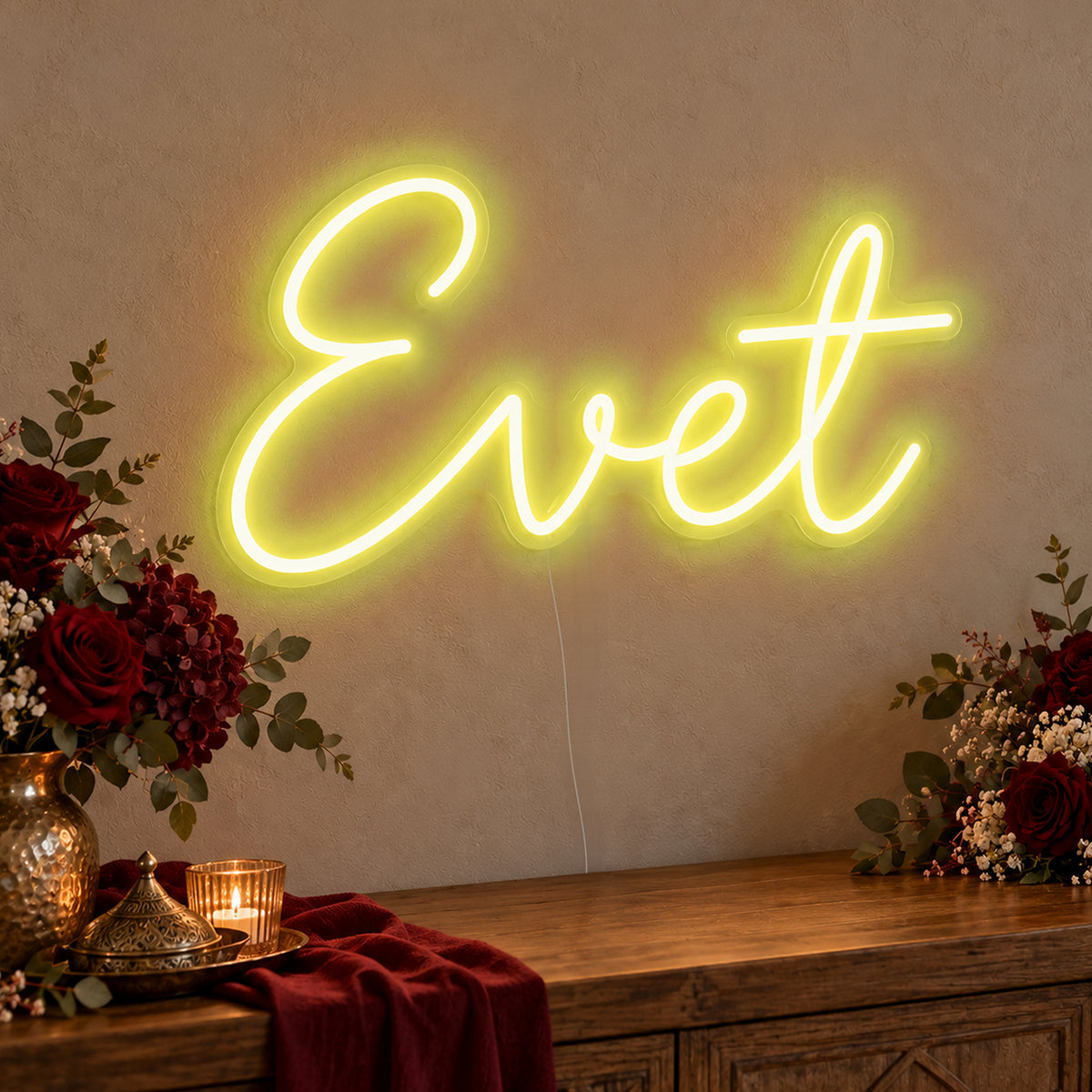Evet Neon Sign in yellow LED neon on clear acrylic, angled view