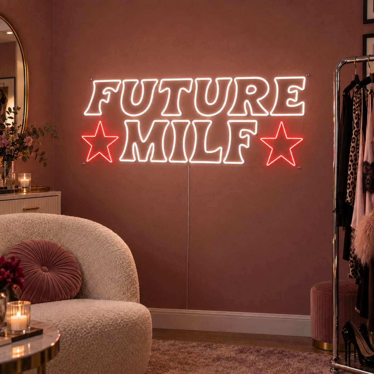 Future MILF Neon Sign with white outlined lettering with two red stars on transparent acrylic, displayed on a living room wall