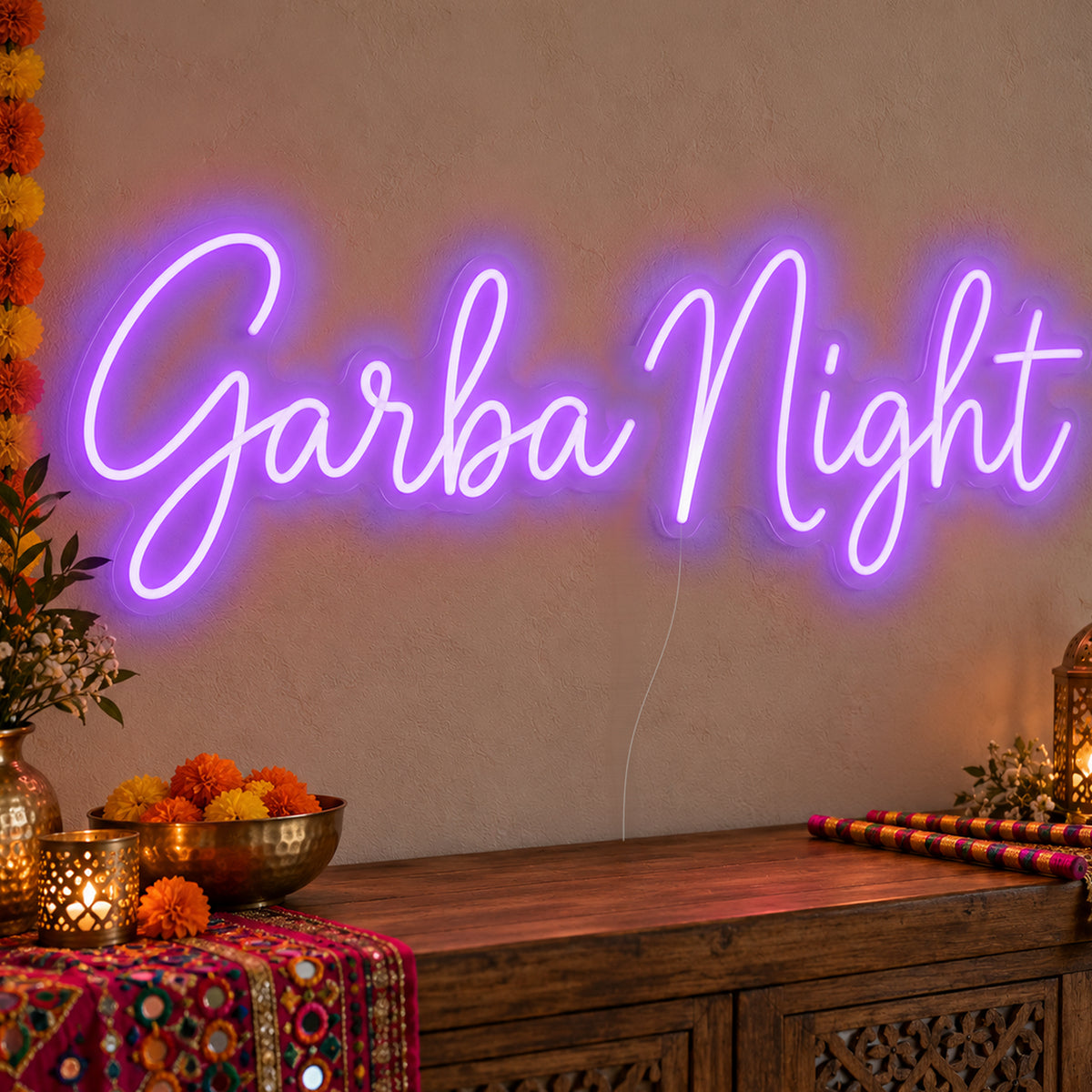 Garba Night Neon Sign in purple LED neon on clear acrylic, angled view