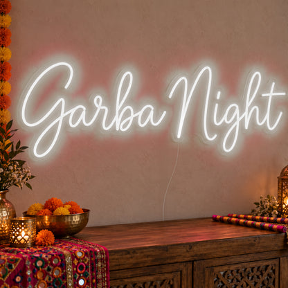 Garba Night Neon Sign in white LED neon on clear acrylic, angled view