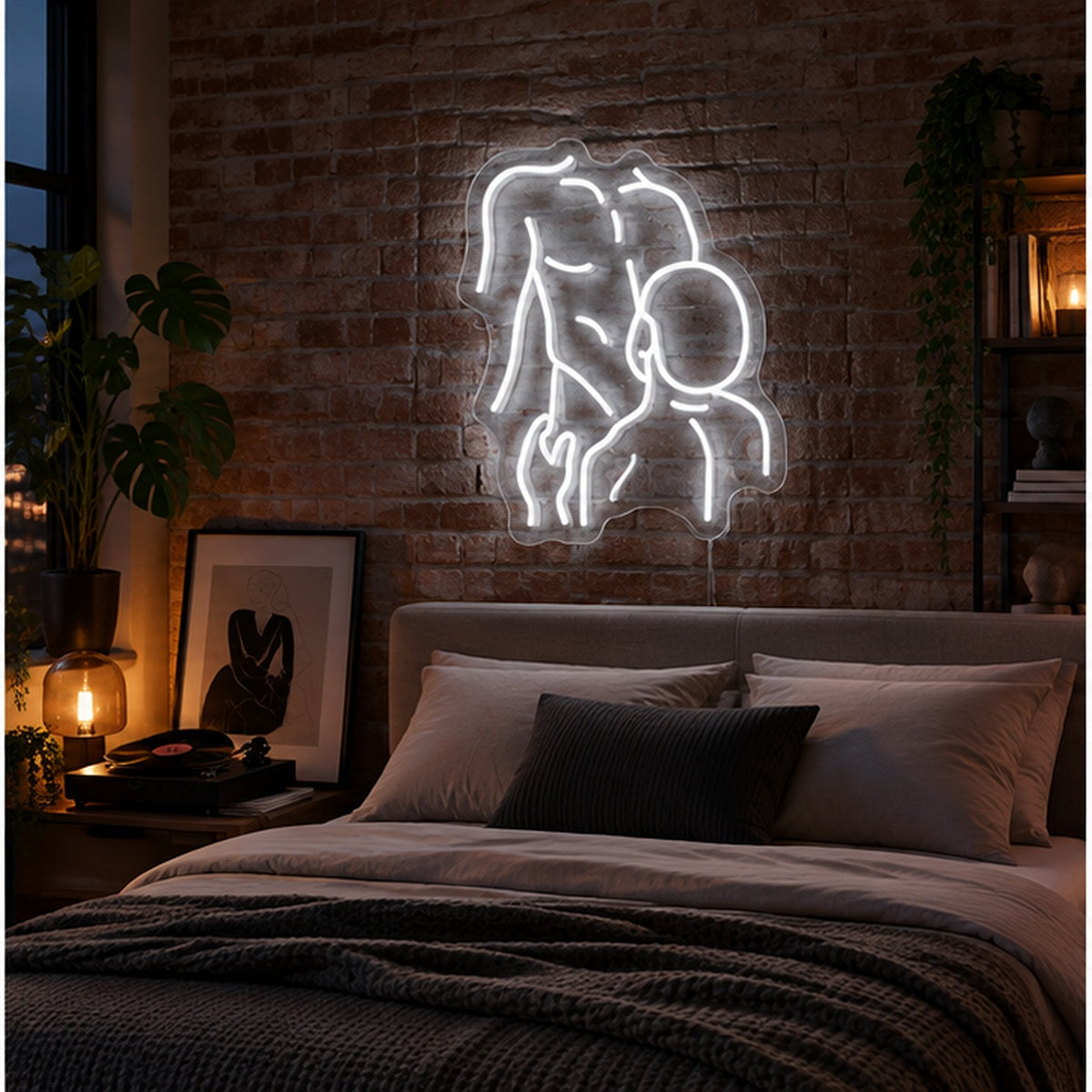 Gay Pride Two Men Neon Sign glowing above a bed