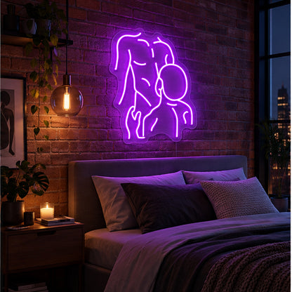 Gay Pride Two Men Neon Sign glowing above a modern bed