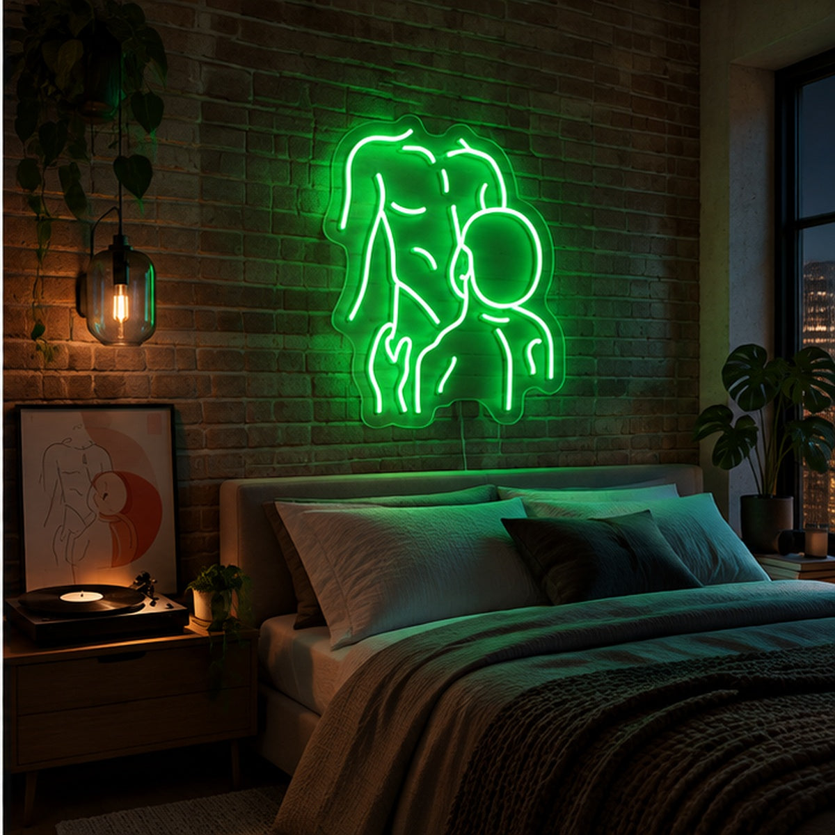 Gay Pride Two Men Neon Sign glowing in a cool apartment