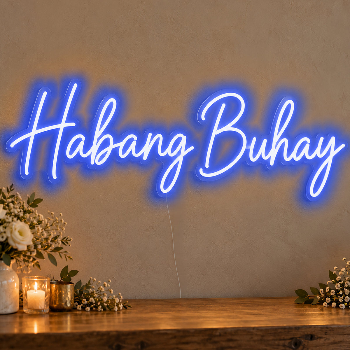 Habang Buhay Neon Sign in blue LED neon on clear acrylic, angled view