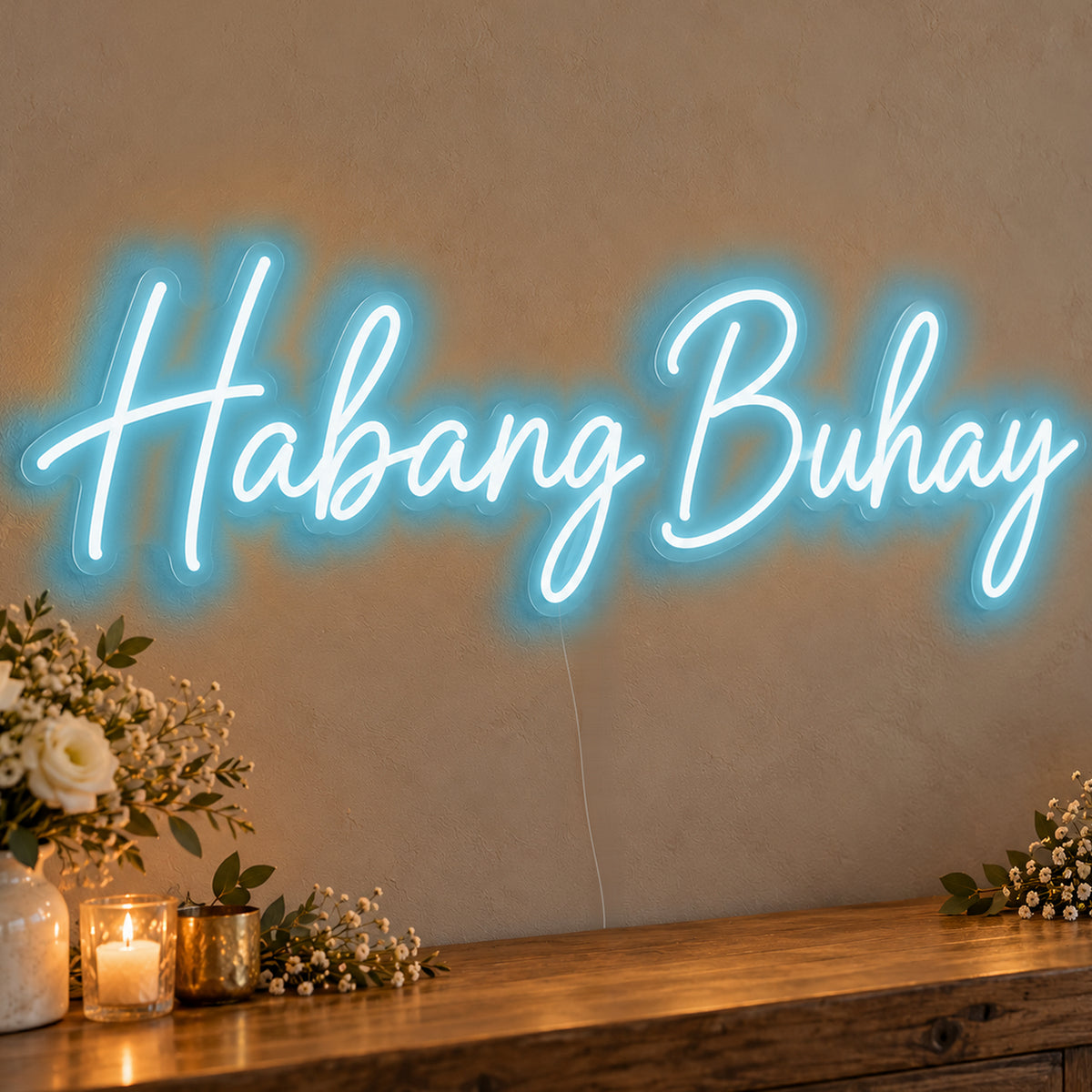 Habang Buhay Neon Sign in ice blue LED neon on clear acrylic, angled view