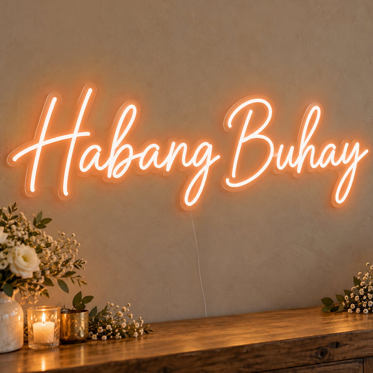 Habang Buhay Neon Sign in orange LED neon on clear acrylic, angled view