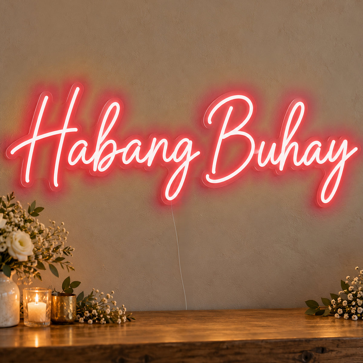 Habang Buhay Neon Sign in red LED neon on clear acrylic, angled view