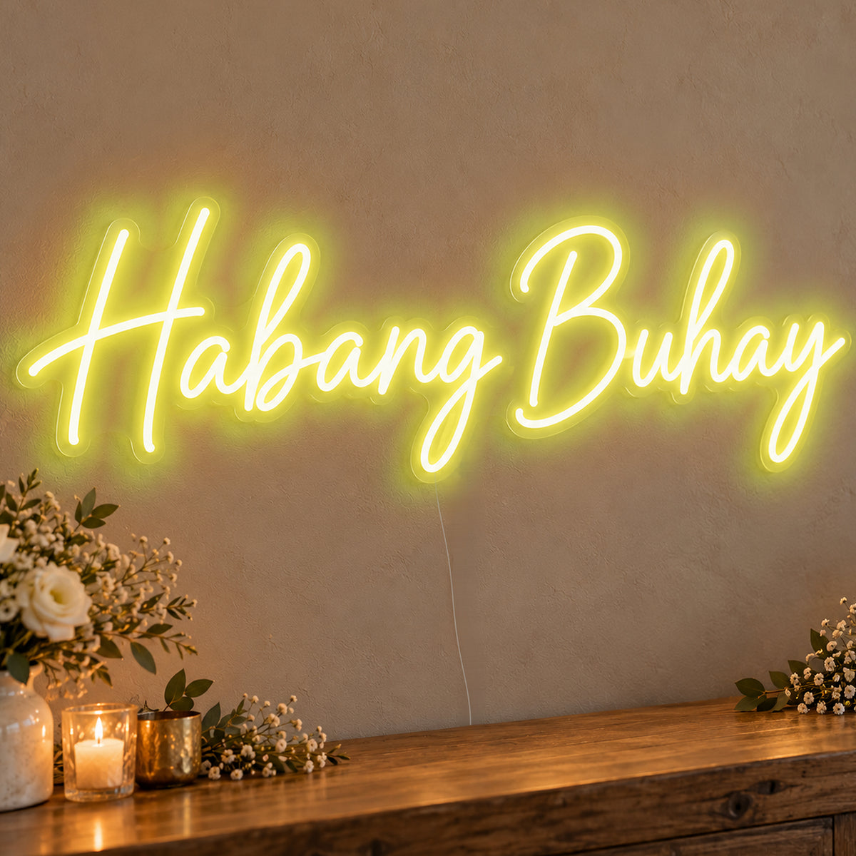 Habang Buhay Neon Sign in yellow LED neon on clear acrylic, angled view
