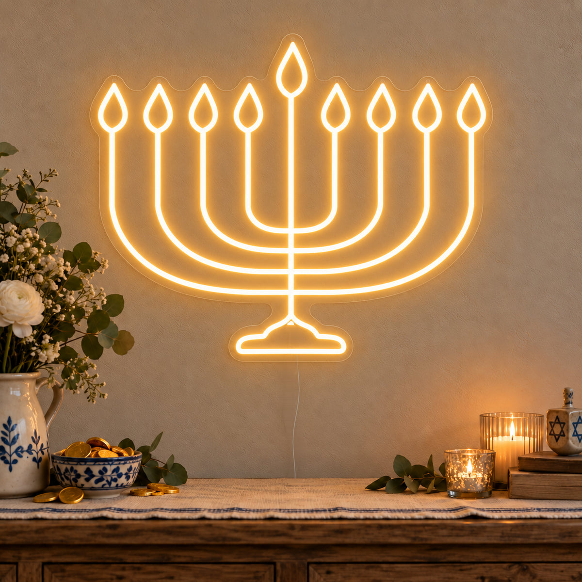 Hanukkiah Neon Sign on clear cut-to-shape acrylic, illuminated on a wall in a styled celebration setting