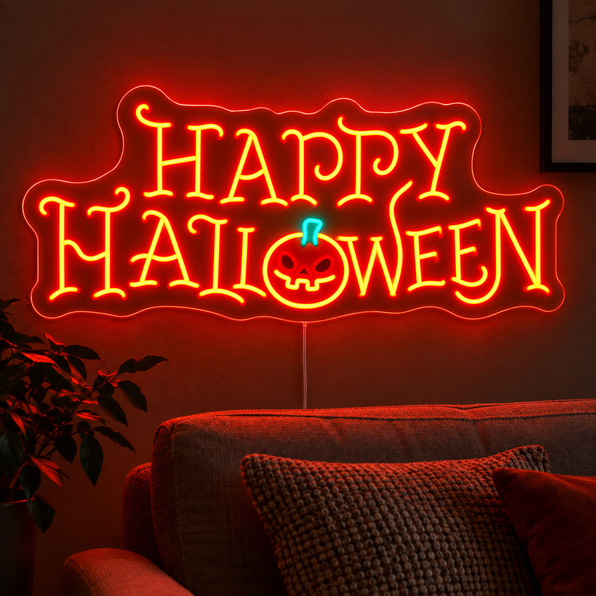 Happy Halloween Gothic Neon Sign featuring orange decorative Happy Halloween lettering with a pumpkin face and green stem, glowing on a dark living room wall.
