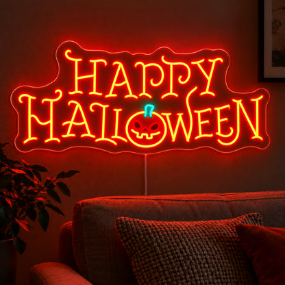 Happy Halloween Gothic Neon Sign featuring orange decorative Happy Halloween lettering with a pumpkin face and green stem, glowing on a dark living room wall.