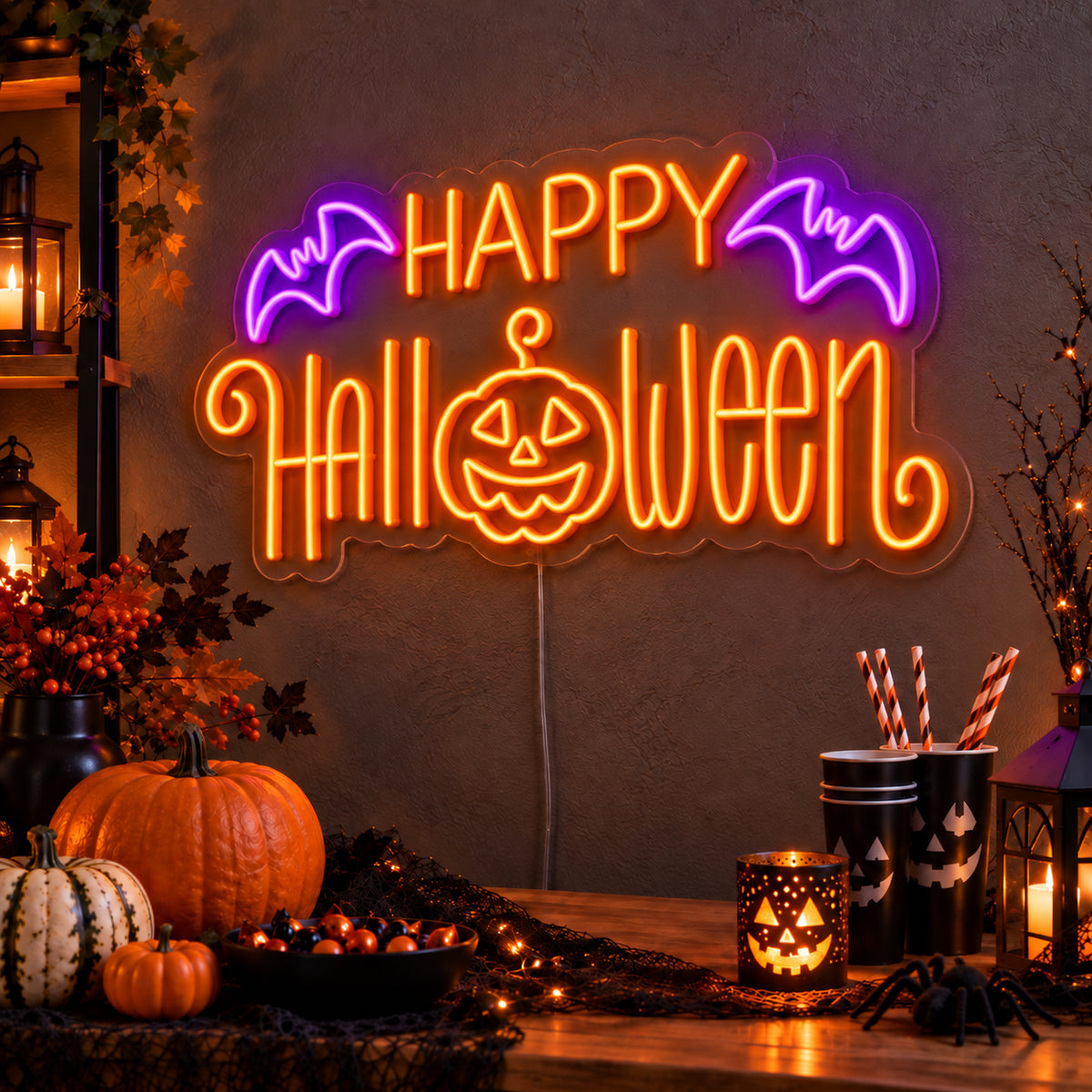 Happy Halloween Pumpkin and Bats Neon Sign featuring orange Happy Halloween lettering, a smiling pumpkin face and purple bats, glowing on a dark wall in a Halloween room display.