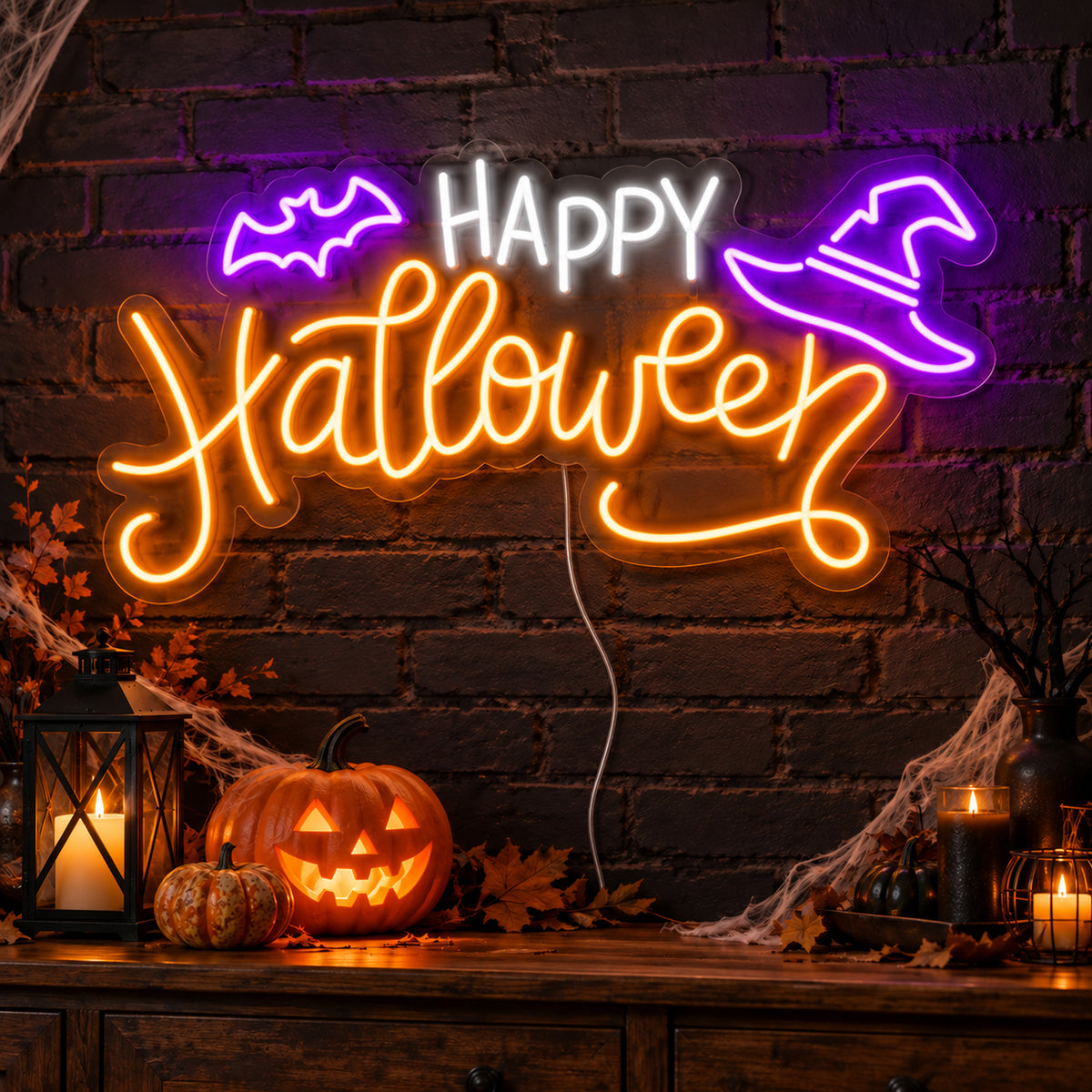Happy Halloween Witch Hat Neon Sign featuring white Happy lettering, orange Halloween script, a purple bat and a purple witch hat, glowing on a dark wall in a Halloween room display.