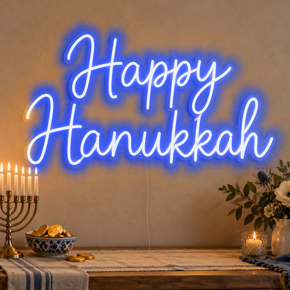 Happy Hanukkah Neon Sign in blue LED neon on clear acrylic, angled view