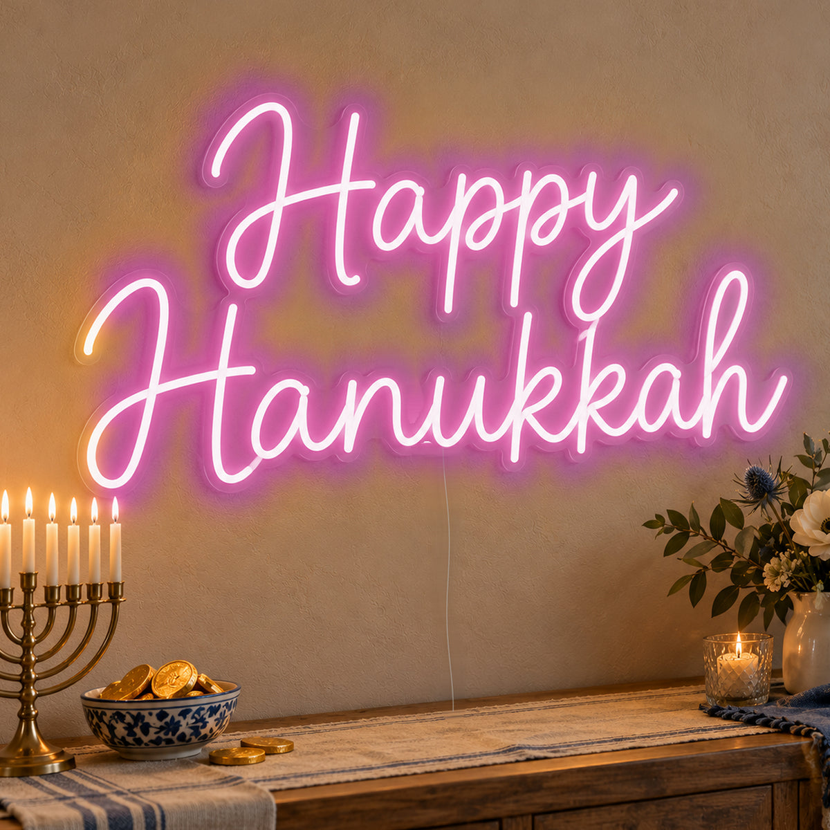 Happy Hanukkah Neon Sign in pink LED neon on clear acrylic, angled view