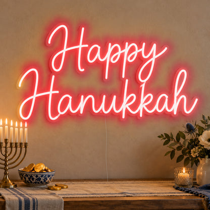Happy Hanukkah Neon Sign in red LED neon on clear acrylic, angled view