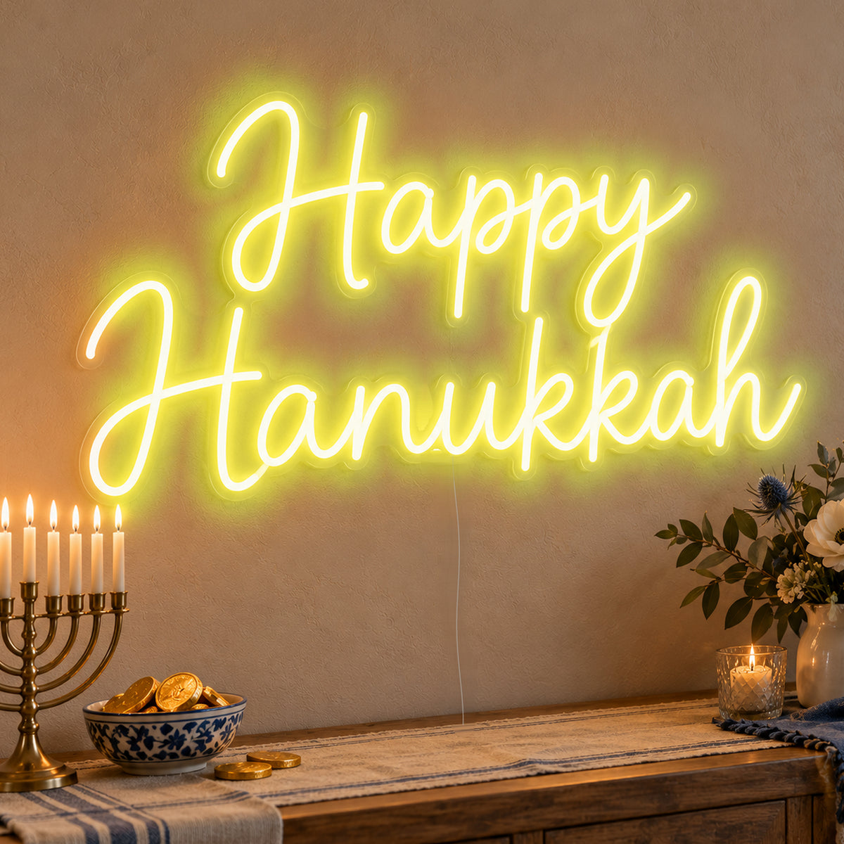 Happy Hanukkah Neon Sign in yellow LED neon on clear acrylic, angled view