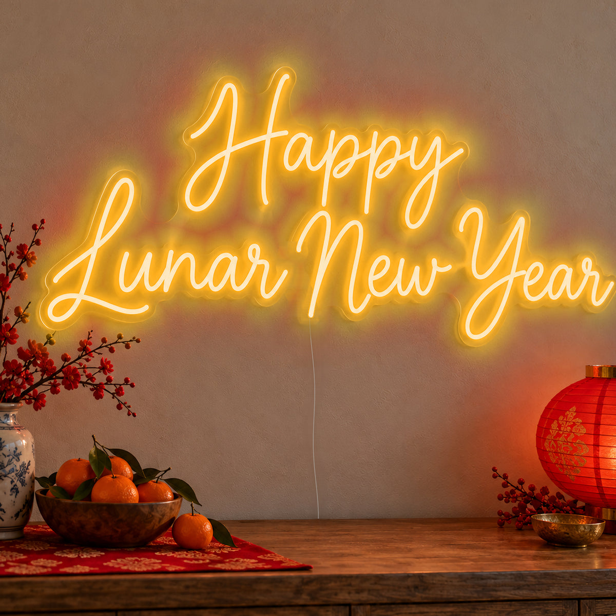 Happy Lunar New Year Neon Sign in gold LED neon on clear acrylic, angled view