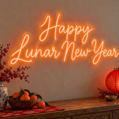 Happy Lunar New Year Neon Sign in orange LED neon on clear acrylic, angled view