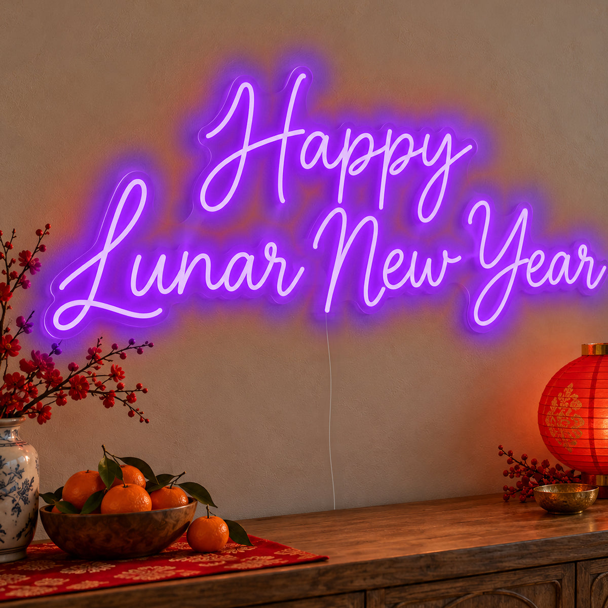 Happy Lunar New Year Neon Sign in purple LED neon on clear acrylic, angled view
