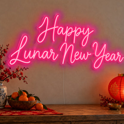 Happy Lunar New Year Neon Sign in rose red LED neon on clear acrylic, angled view