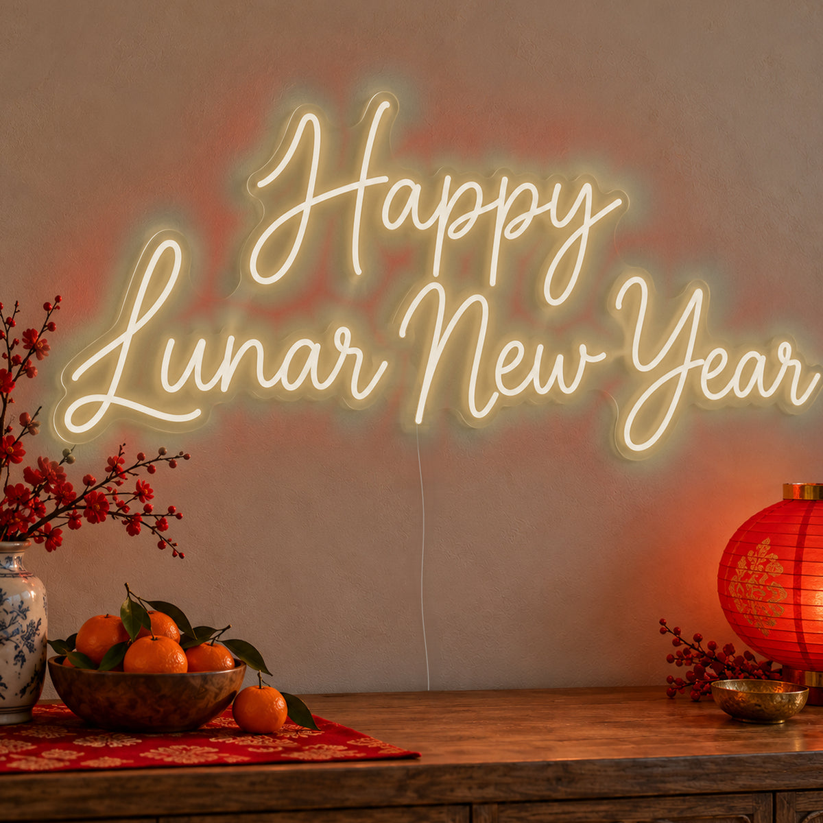 Happy Lunar New Year Neon Sign in warm white LED neon on clear acrylic, angled view