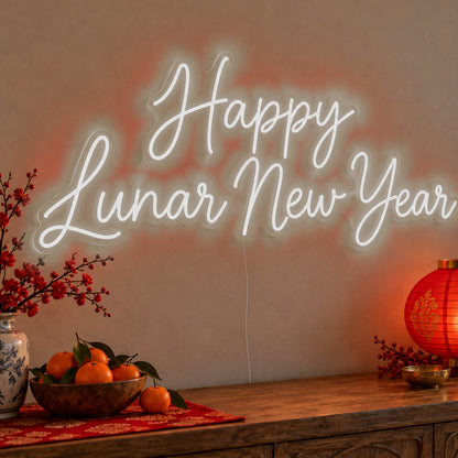 Happy Lunar New Year Neon Sign in white LED neon on clear acrylic, angled view