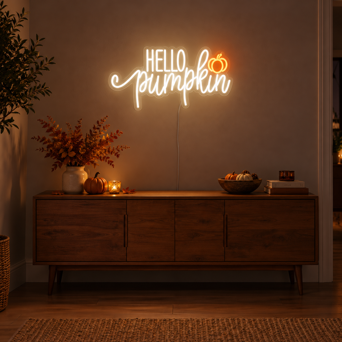Hello Pumpkin White Neon Sign featuring white Hello Pumpkin lettering with flowing script and a small orange pumpkin, displayed on a dark wall above a wooden sideboard.
