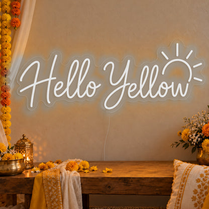 Hello Yellow Neon Sign in white LED neon on clear acrylic, angled view