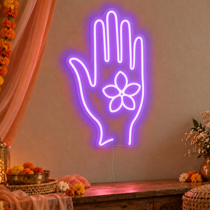 Henna Hand Neon Sign in purple LED neon on clear acrylic, angled view