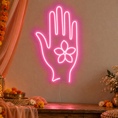 Henna Hand Neon Sign in rose red LED neon on clear acrylic, angled view