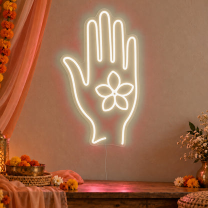 Henna Hand Neon Sign in warm white LED neon on clear acrylic, angled view