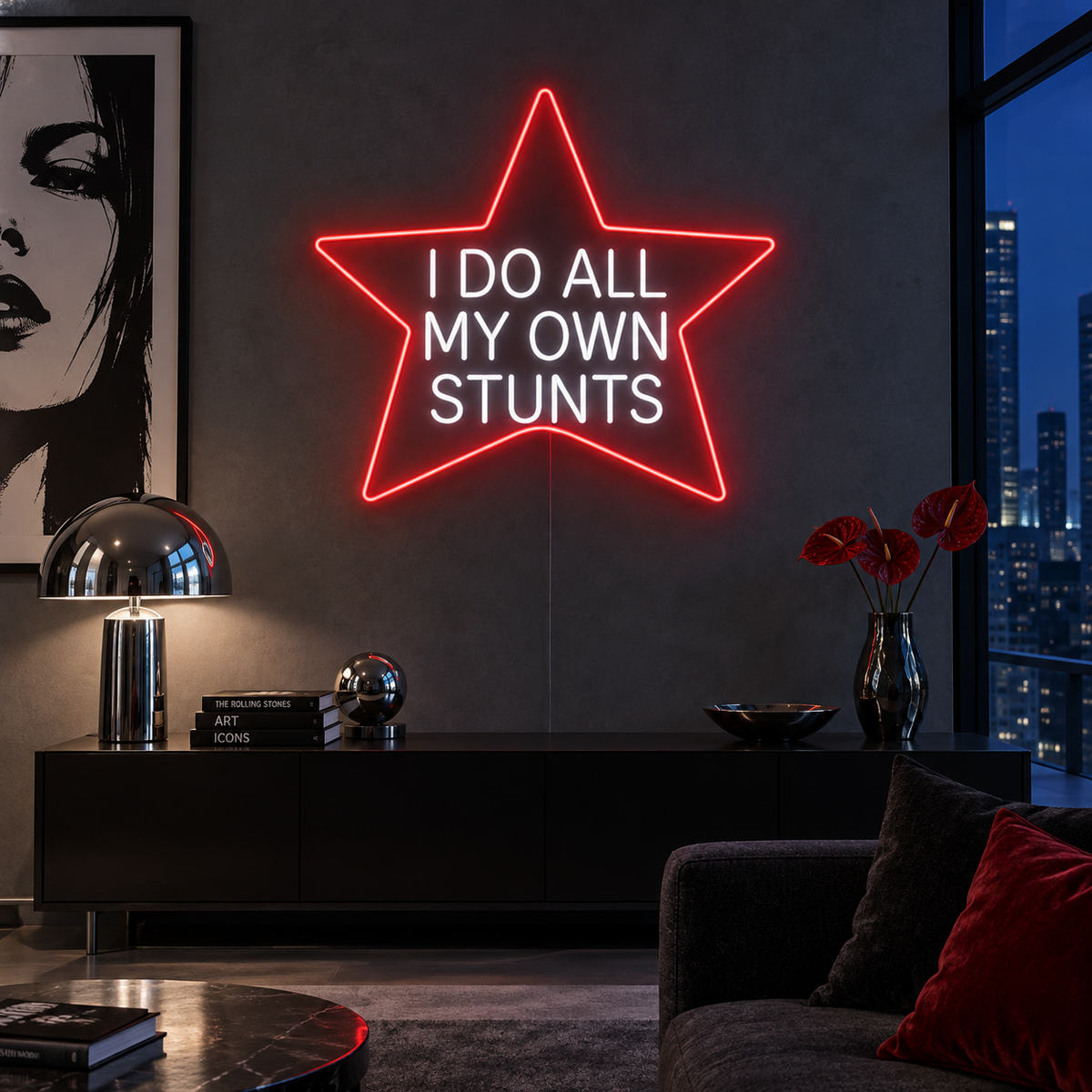 I Do All My Own Stunts Neon Sign with white text inside a red neon star on transparent acrylic, displayed on a living room wall