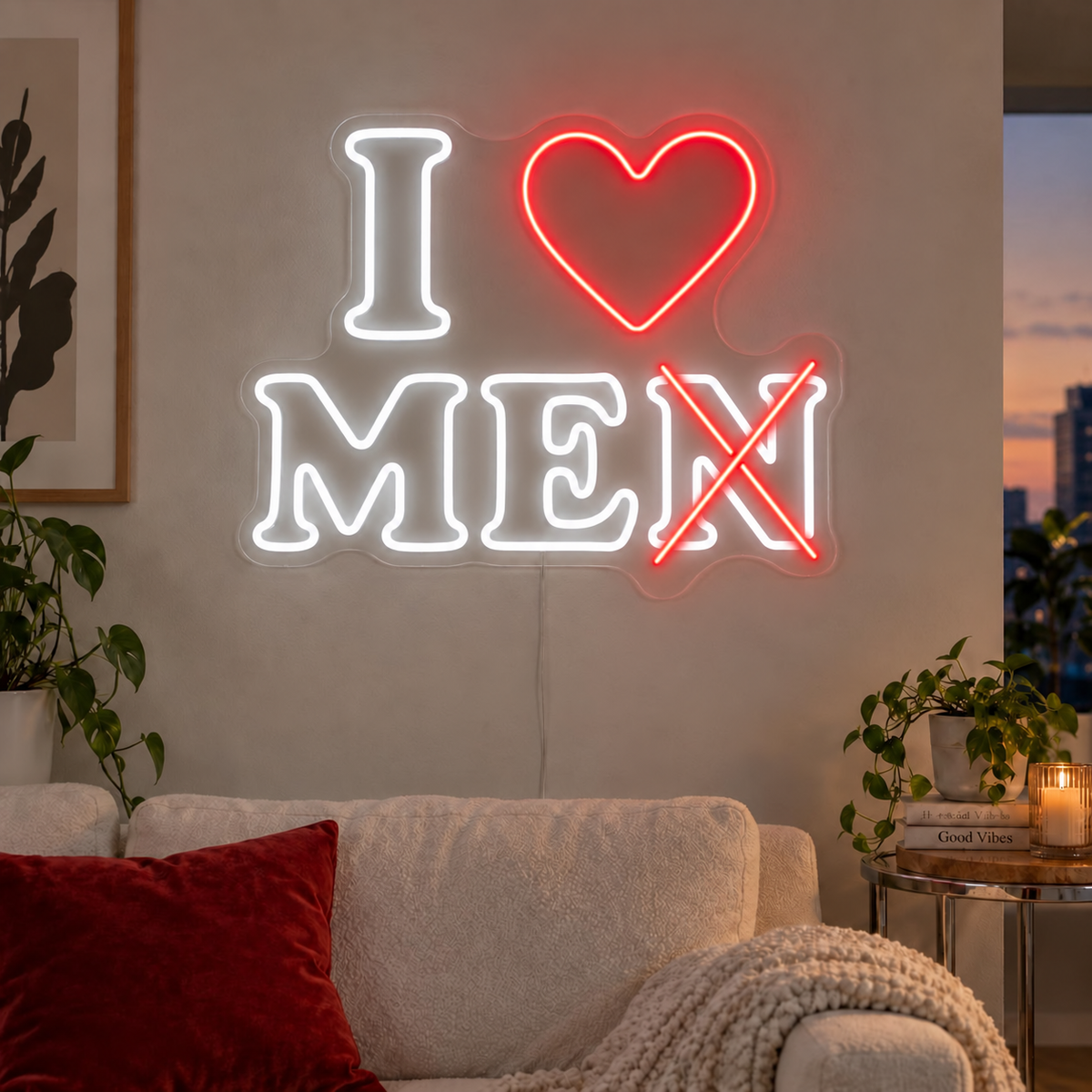 I Love Men Neon Sign with white outlined lettering, a red heart and a red cross over the final letter on transparent acrylic, displayed on a living room wall