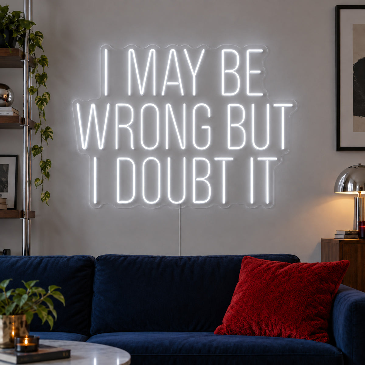 I May Be Wrong But I Doubt It Neon Sign, RGB colour-changing option shown in white above a dark blue sofa.