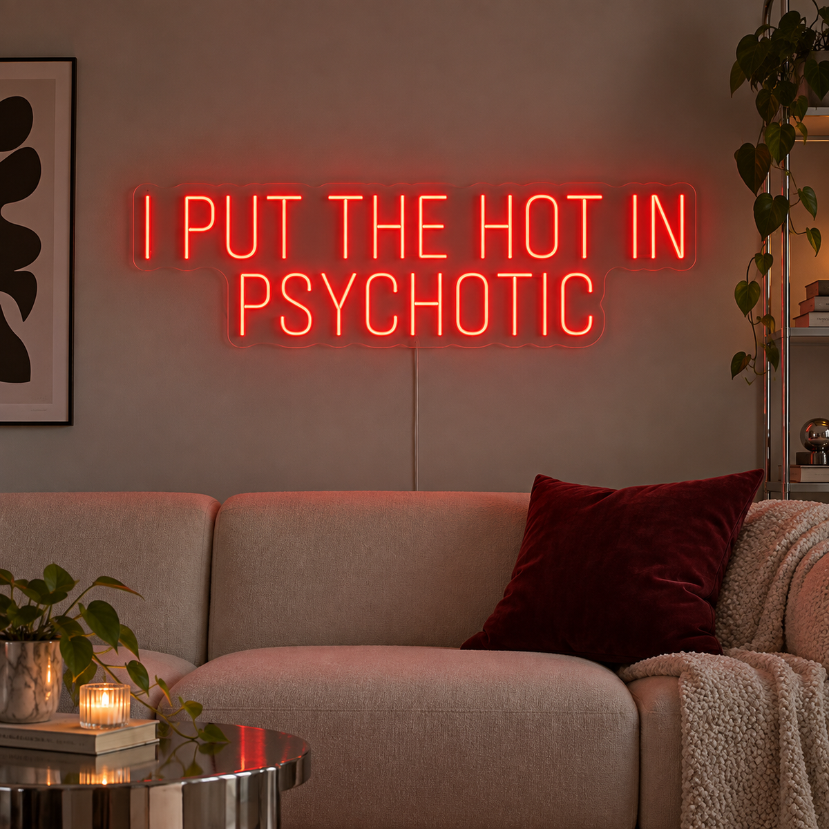 I Put The Hot In Psychotic Neon Sign in red above a neutral sofa.