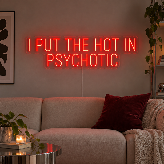 I Put The Hot In Psychotic Neon Sign in red above a neutral sofa.