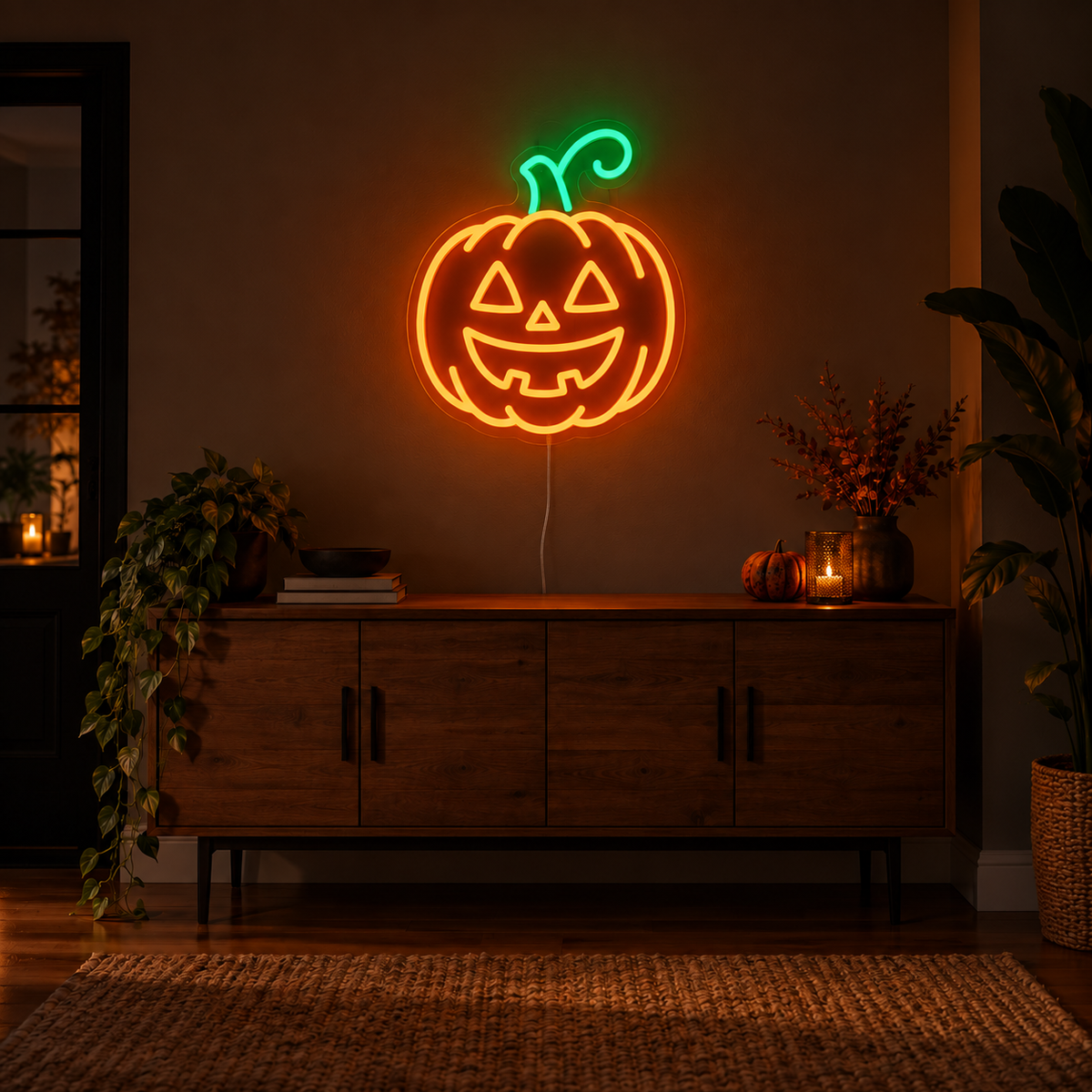 Jack O Lantern Neon Sign featuring an orange pumpkin with triangular eyes, a smiling mouth and a green stem, displayed on a dark wall above a wooden sideboard.