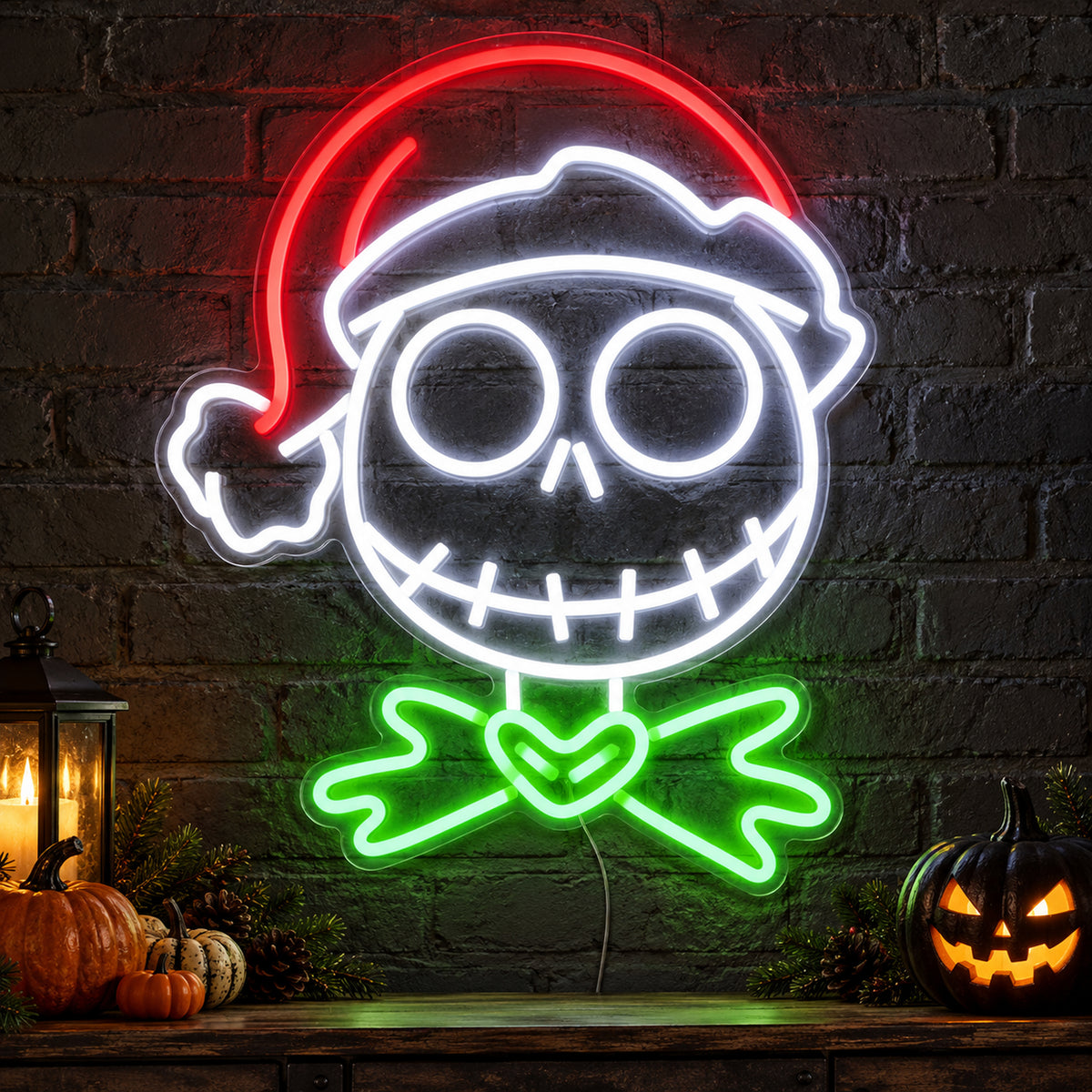 Jack Skellington Santa Hat Neon Sign featuring a white stitched skull face, a red Santa hat and green bow details, glowing on a dark wall in a Halloween room display.