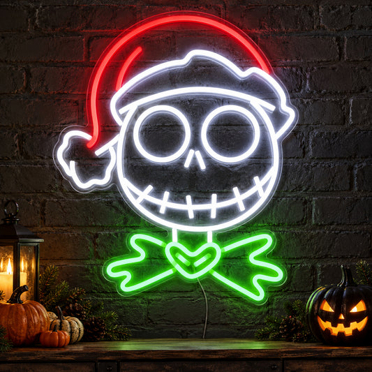 Jack Skellington Santa Hat Neon Sign featuring a white stitched skull face, a red Santa hat and green bow details, glowing on a dark wall in a Halloween room display.