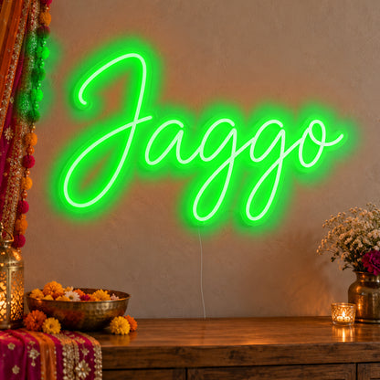 Jaggo Neon Sign in green LED neon on clear acrylic, angled view